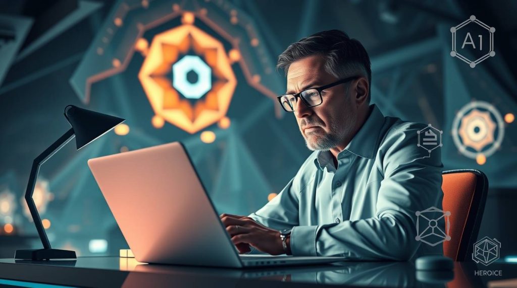 Small business owner developing an AI strategy on a laptop in a tech-inspired workspace